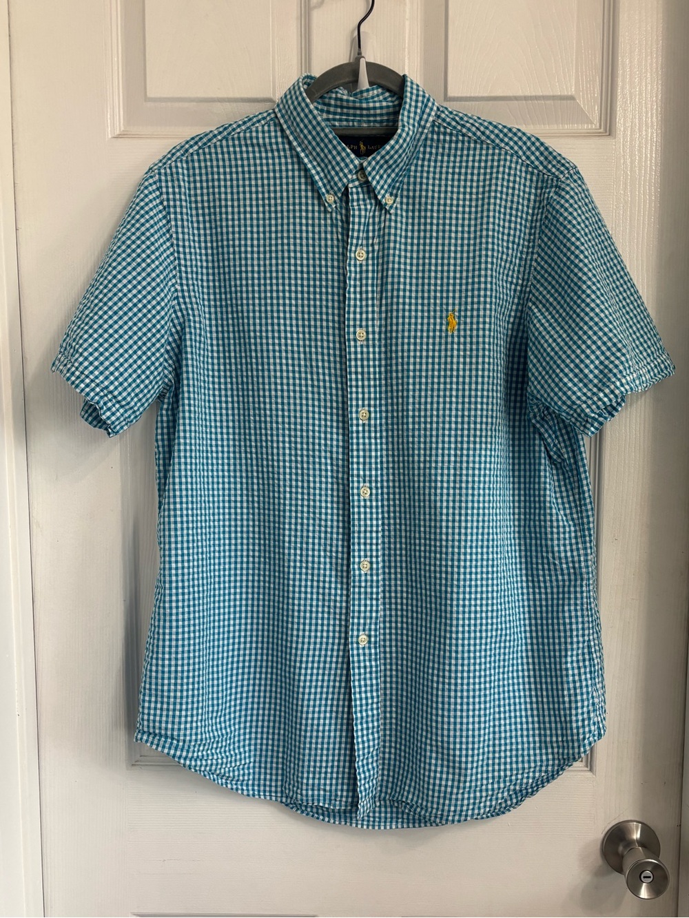 Ralph Lauren Teal Gingham Short-Sleeve Button-Down Shirt Large